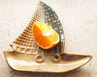 Vintage Ceramic Trinket Dish Tray, Sailboat Plate, Collectible Sail Boat Nautical Decor, Sailing Gift