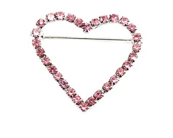 Spilla a forma di cuore rosa chiaro, gioiello sottile a forma di cuore aperto, spilla vintage, spilla da matrimonio con strass argentati