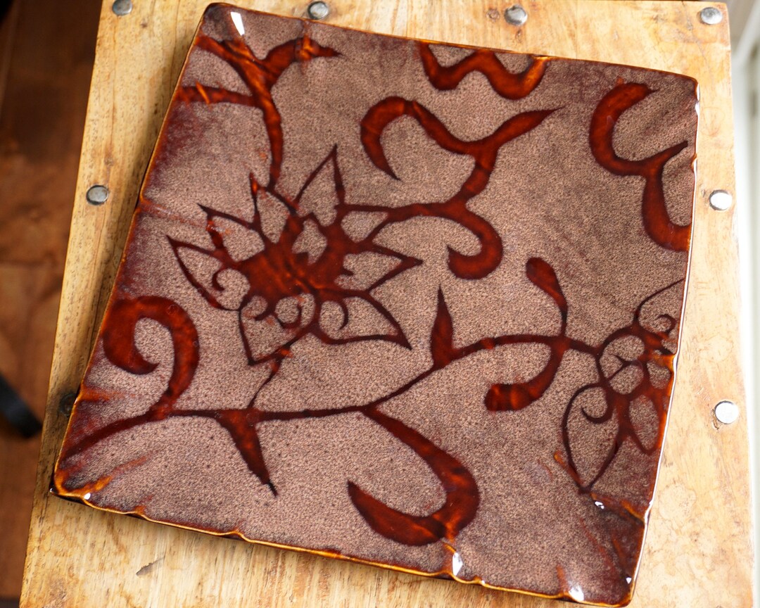 Earthy Red Ceramic Plate, Floral Ring Dish Nature Plant Pattern Artisan ...