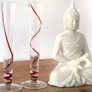 Hand Blown Glass Vase, Red Spiral Ribbon, Small Collectible Art Glass, Swirl Wrap Line, Modern Vintage decor glassware