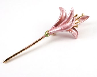 Pink Flower Brooch Pin, Small Gold Flower Enamel Jewelry, Vintage Brooch, Botanical Pink Wedding Pin boutonniere