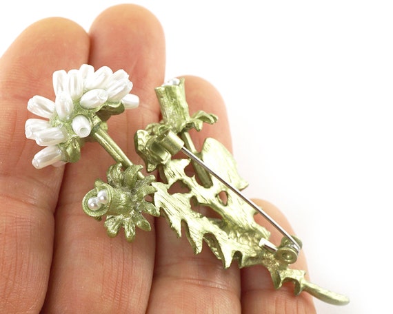 Make a wish Dandelion Brooch, White and Green Leaf Flower brooch, Antique brooch Enamel Flower Jewelry Vintage Wedding View 3