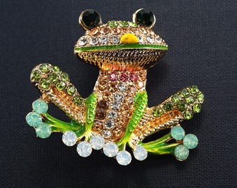 Winzige grüne Frosch Brosche, Vintage Gold Frosch Pin, kleine Strass Kristall Brosche Pin, Emaille Frosch Prinz Goldschmuck