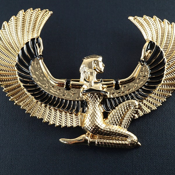 ON VACATION Exquisite Gold Egyptian Goddess Isis Brooch Pin, Large Wings, Great Quality Replica, Vintage Jewelry