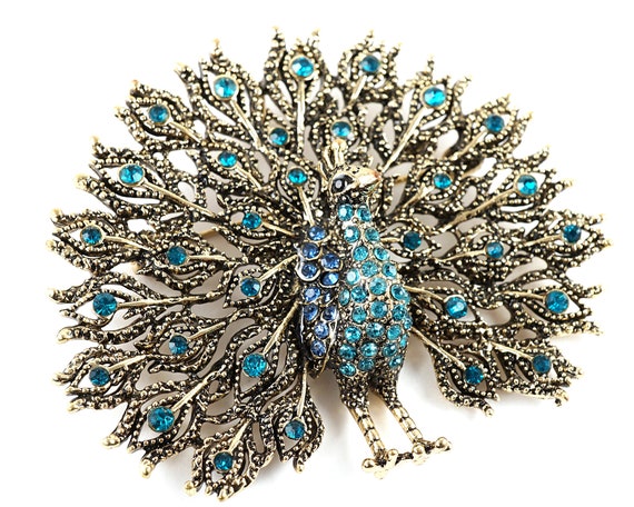 Exquisite Peacock Brooch Pin, Large Open Tail, Tiny Turquoise Blue
