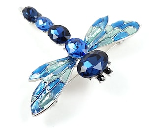 ON VACATION Dark Blue Dragonfly Brooch, Vintage Jewelry, Silver Rhinestone Crystal Dragonfly Pin, Enamel Wings Insect Brooch