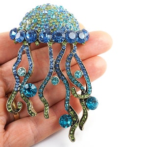 Vintage Quallen Brosche, Große Qualle Pin, Ozean Blau Grün Strass Strand Schmuck