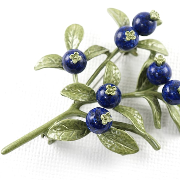 ON VACATION Exquisite Blueberry Brooch, Metallic Green Plant Pin, Small Blue Berries, Vintage Brooch Pin Botanical Nature Inspired Jewelry