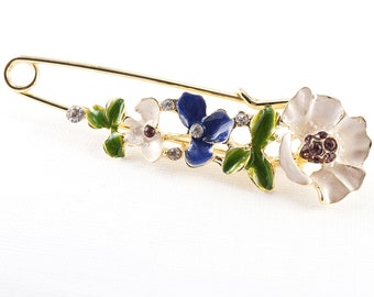 ON VACATION Flower Brooch, Enamel Flower Jewelry, Vintage Brooch, Gold Flower Branch Pin, Scarf Shawl Pin, Botanical Brooch