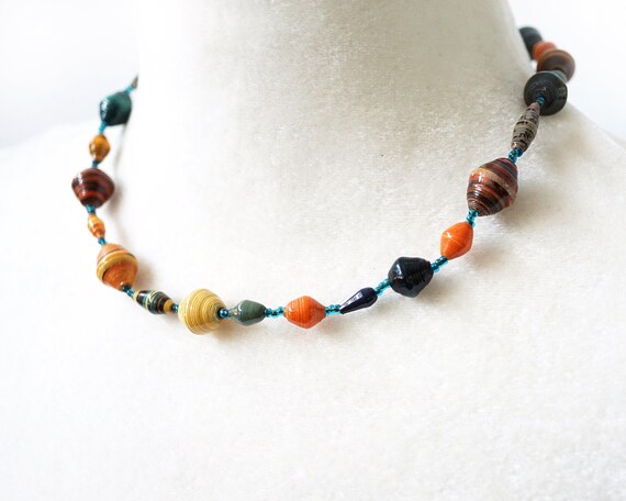 Mixed Colors Paper Bead Necklace, Bohemian Jewelry, Vintage 1970s 