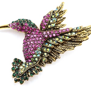 ON VACATION Stunning Pink Gold Hummingbird Brooch, Vintage Pin Brooch Tiny Rhinestone Crystals Humming Bird Brooch Pendant