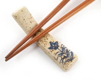 Japanese Chopstick Holders With Blue Flower, Ceramic Chopstick Rest, Microwave Dishwasher Safe, Buy Single or Set, Vintage Kitchen Decor