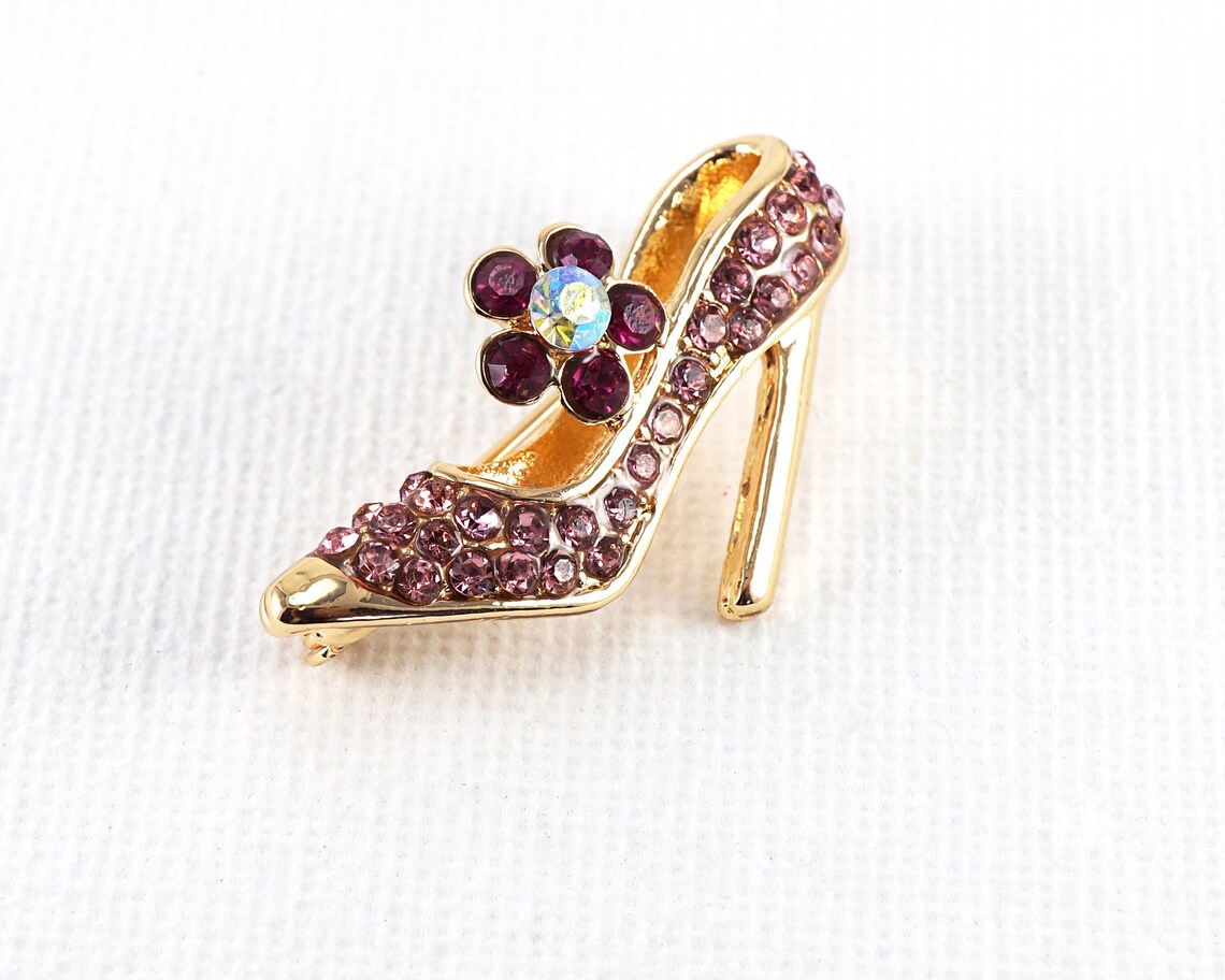 Small Gold High Heel Shoe Brooch Petite Pink Rhinestones Etsy