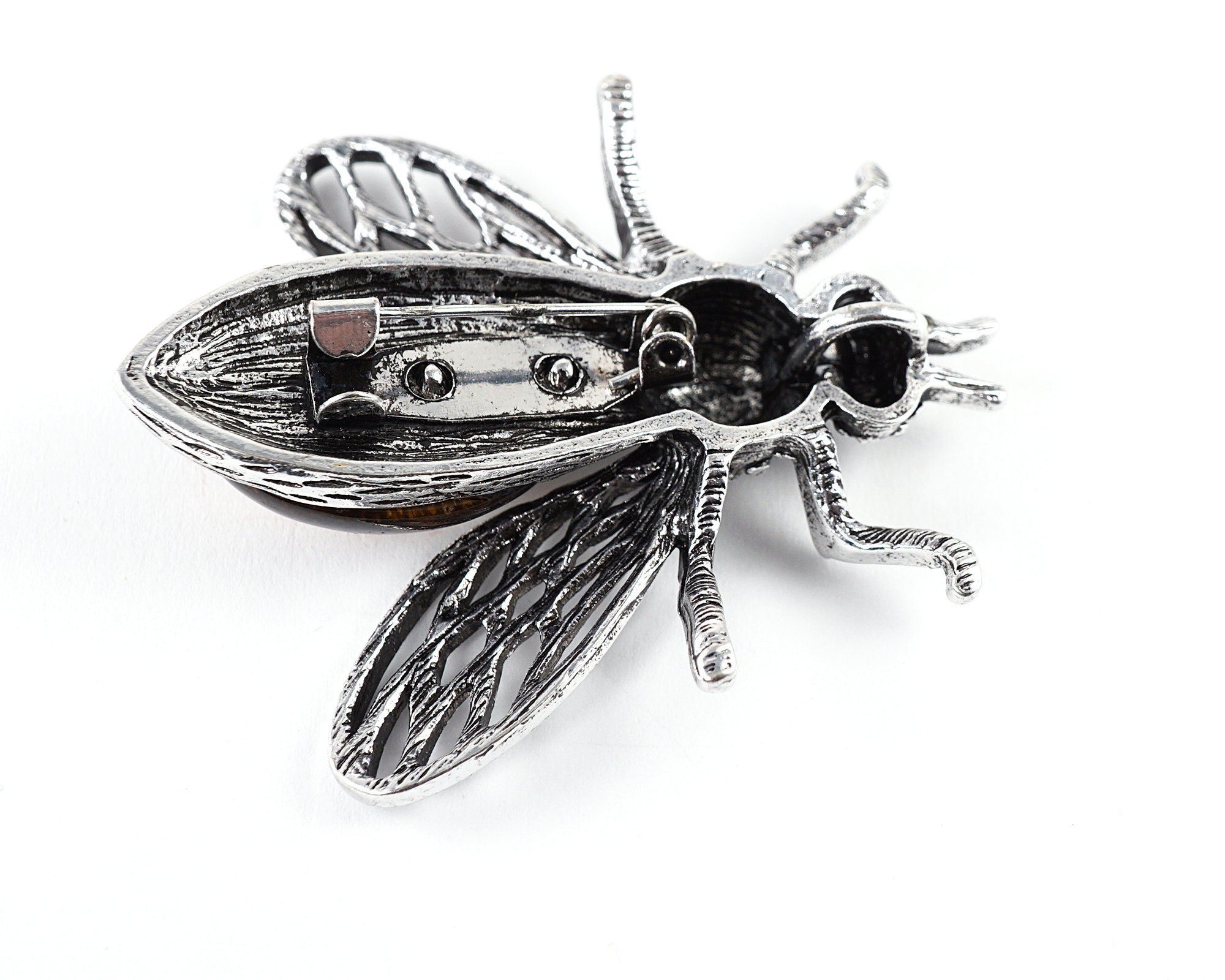 Épingle Ancienne XIXe Siècle - Insecte Volant En Argent Avec œil De Tigre, Tige En Maillechort, Origine France