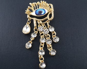 Stunning Eye Brooch, Luxury Blue Eye Pin, Vintage Magic Eye with Gold Eyelashes, Rhinestone Tears Tassel Dangles