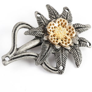Vintage German Edelweiss Mountain Flower Brooch Pin, Old Oxidized Gray Metal Alpine Botanical Badge, Sweater Hat Pin