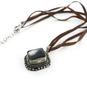 Vintage Black Stone Old silver Pendant, Leather Cord Necklace