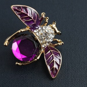 Purple Bee Brooch, Gold Bumble Bee Pin, Rhinestone Crystal Beetle Brooch, Insect Bug Vintage Jewelry