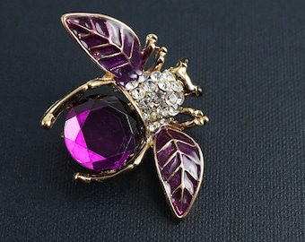 ON VACATION Purple Bee Brooch, Gold Bumble Bee Pin, Rhinestone Crystal Beetle Brooch, Insect Bug Vintage Jewelry