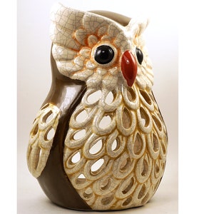 Chubby Owl Lamp, Earthy Ceramic Lantern with Cutouts, Vintage Candleholder Tealight Rustic Ethnic Bohemian Men gift for her him