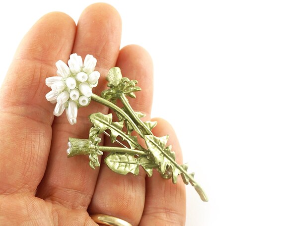 Make a wish Dandelion Brooch, White and Green Leaf Flower brooch, Antique brooch Enamel Flower Jewelry Vintage Wedding
