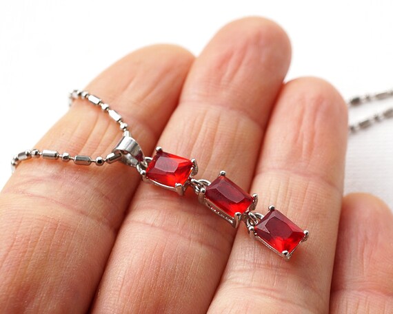 Red Rhinestone Rectangle Charm necklace, Delicate… - image 2