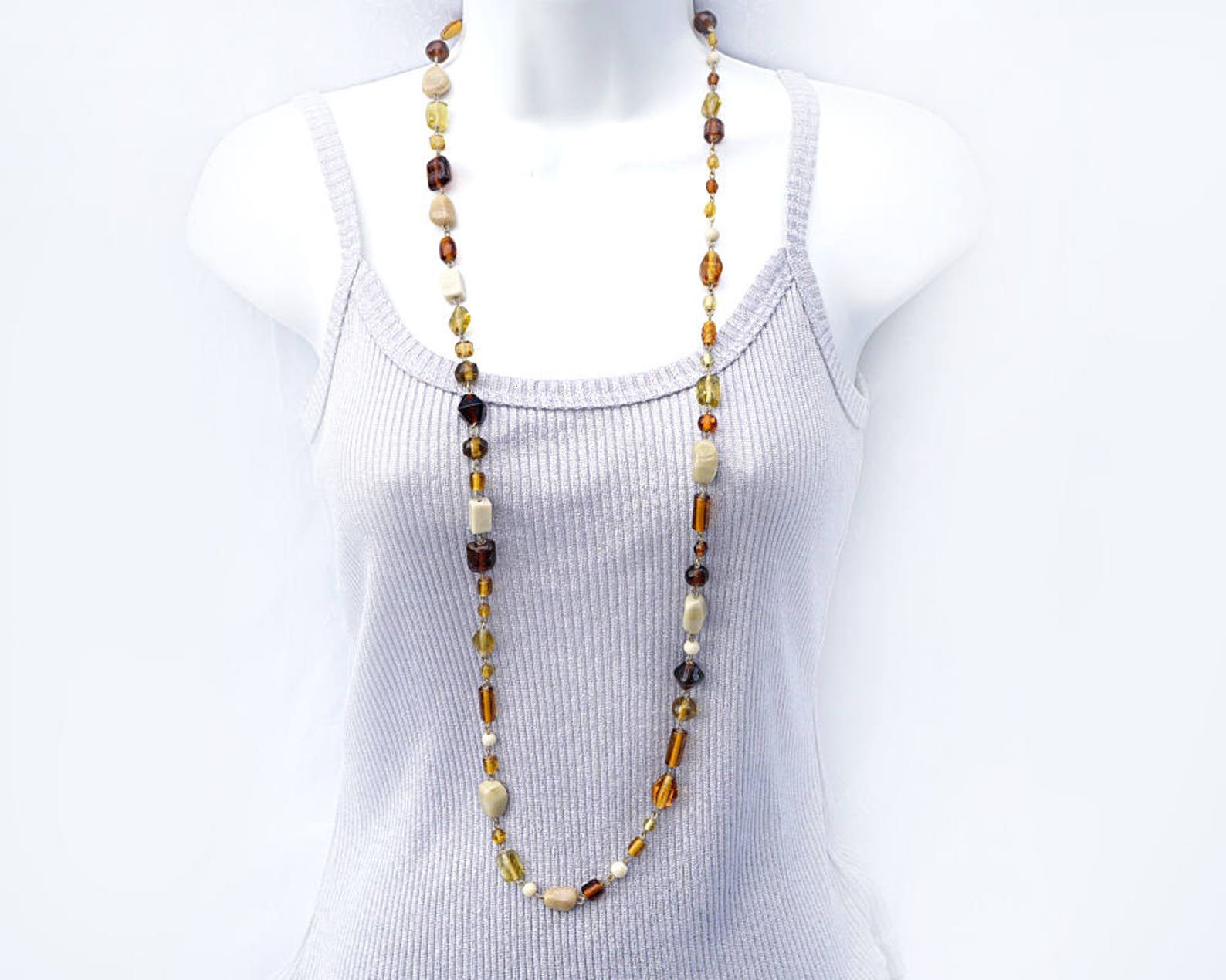 Collier Long Vintage Années 80 En Pierres Naturelles Multicolores - Style Bohème, Métal Cuivre, Occasion