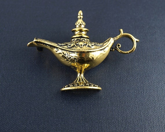 Aladdin Lamp Brooch, Magic Genie Lamp Pin, Golden Ornate Lamp