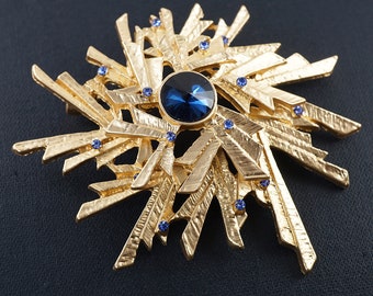 ON VACATION Art Deco Vintage Brooch, Blue Gem, Unique Random Sticks Geometric Brooch Pin, Matte Gold Fashion Scarf Pin