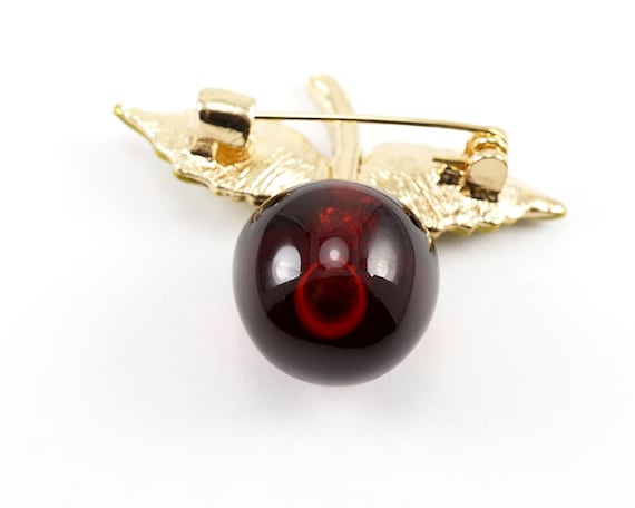 Exquisite Red Cherry Brooch, Metallic Green Leaves and Glass Berry