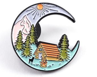 ON VACATION Camping Mountains Lapel Pin, Nature Tie Tack Pin for Hiker, Cabin wilderness explorer Brooch, Crescent Moon pin for Men