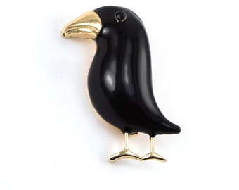 EN VACANCES Broche oiseau noir, épinglette oiseau or, broche émail noir, broche vintage, épinglette merle bijoux en or pour hommes