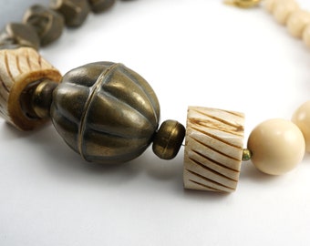 ON VACATION Big Chunky Beaded Necklace, Large Carved Bone and Bronze Beads, Unique Statement  Vintage jewelry
