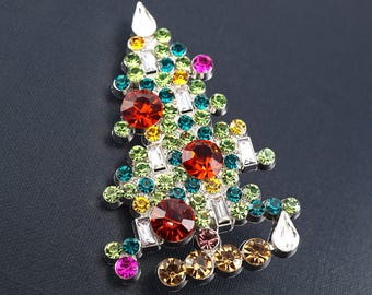 DE VACACIONES Broche brillante de árbol de Navidad, broche de plata vintage, joyería navideña, broche de diamantes de imitación rojos y verdes de colores