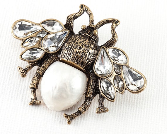 Vintage Insect Brooch Antique Bronze Insect Pin Glass Rhinestone