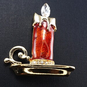 Rote Weihnachtskerzen Brosche, Gold Weihnachtsschmuck Pin, Emaille und Kristall Strass, Vintage Brosche