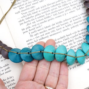 ON VACATION 3 Tone Turquoise Blue Disk Wood Necklace Knotted Cord large geometric Beads Hippie boho turquoise jewelry modern image 6