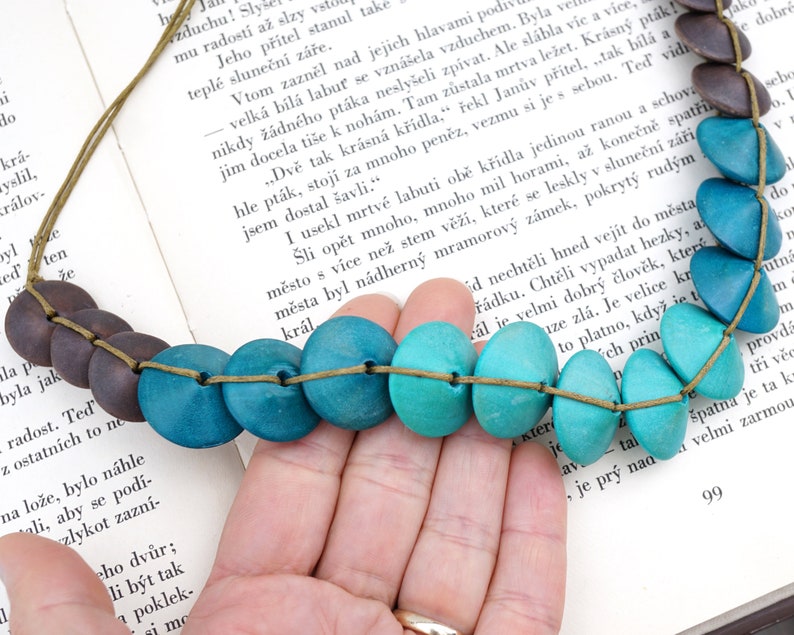 ON VACATION 3 Tone Turquoise Blue Disk Wood Necklace Knotted Cord large geometric Beads Hippie boho turquoise jewelry modern image 6