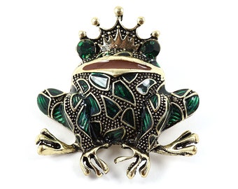ON VACATION Emerald Green Frog Prince Brooch, Vintage Frog Pin, Rhinestone Crystal Brooch Pin, Enamel Frog Prince with Crown Christmas Gift