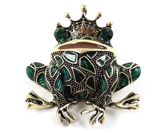 IM URLAUB Smaragdgrüne Froschkönig Brosche, Vintage Frosch Anstecknadel, Strass Kristall Brosche Anstecknadel, Emaille Froschkönig mit Krone Weihnachtsgeschenk