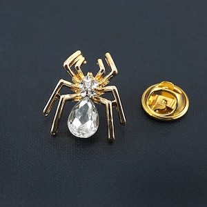 ON VACATION Small Gold Spider Pin, Crystal Spider Lapel Pin for Men or Women, Tie Tack Spider Pin for Groom, Rhinestone Button pin