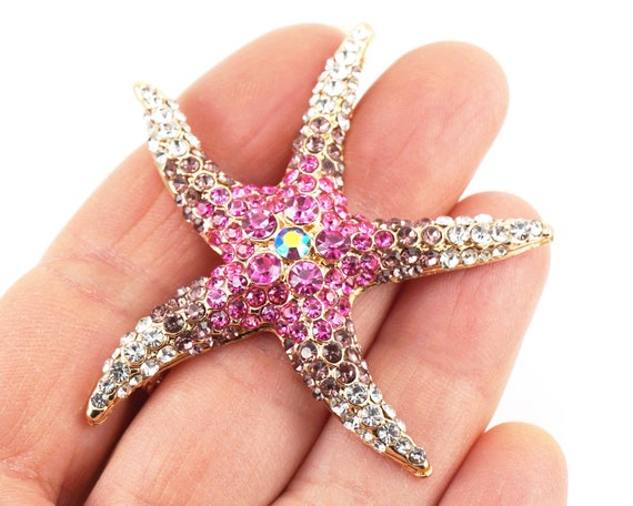 ON VACATION Gold Starfish Brooch, Large Pink Sea … - image 1