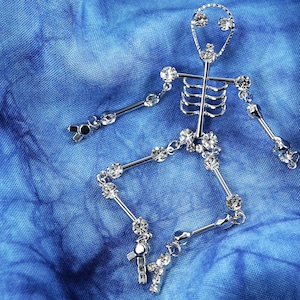 Fantastic Moving Skeleton Brooch, Silver Tassel Rhinestone Crystal Skeleton Pin, Fun Halloween Gift,  Tie Tack Pin, Vintage