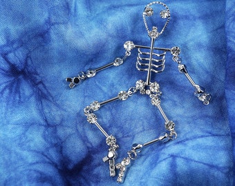 Fantastic Moving Skeleton Brooch, Silver Tassel Rhinestone Crystal Skeleton Pin, Fun Halloween Gift,  Tie Tack Pin, Vintage Jewelry