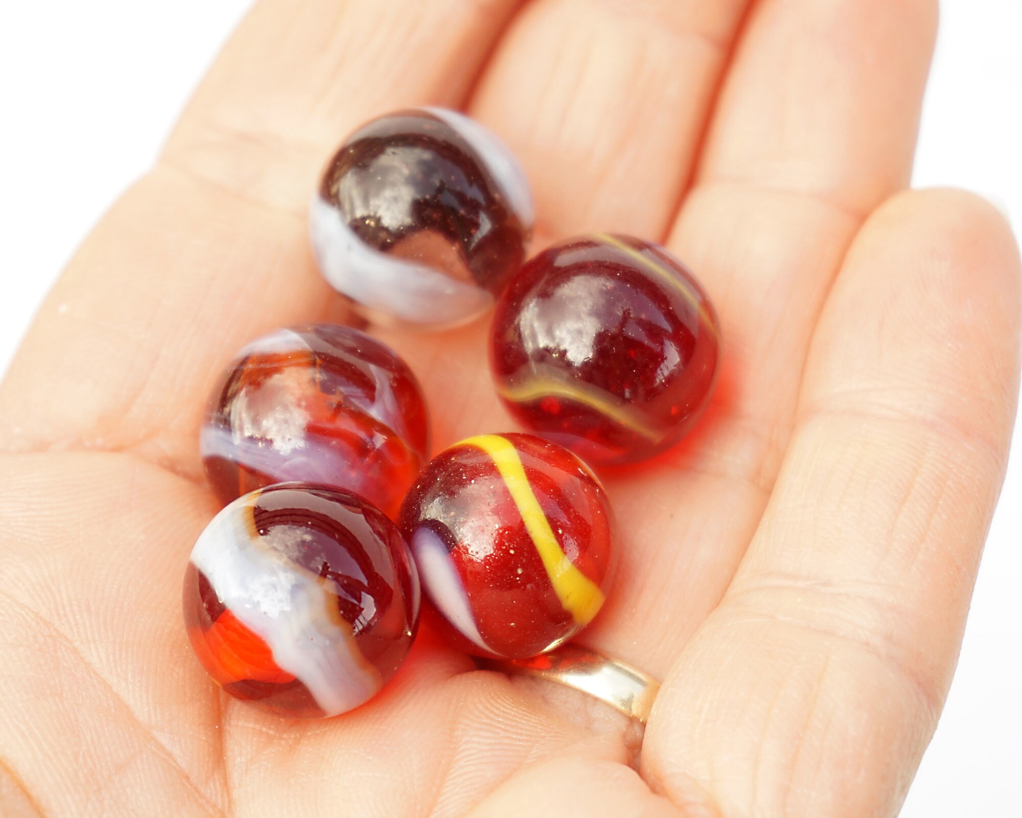 Akro Agate Marble Red With White Yellow Swirl Marble Vintage Glass