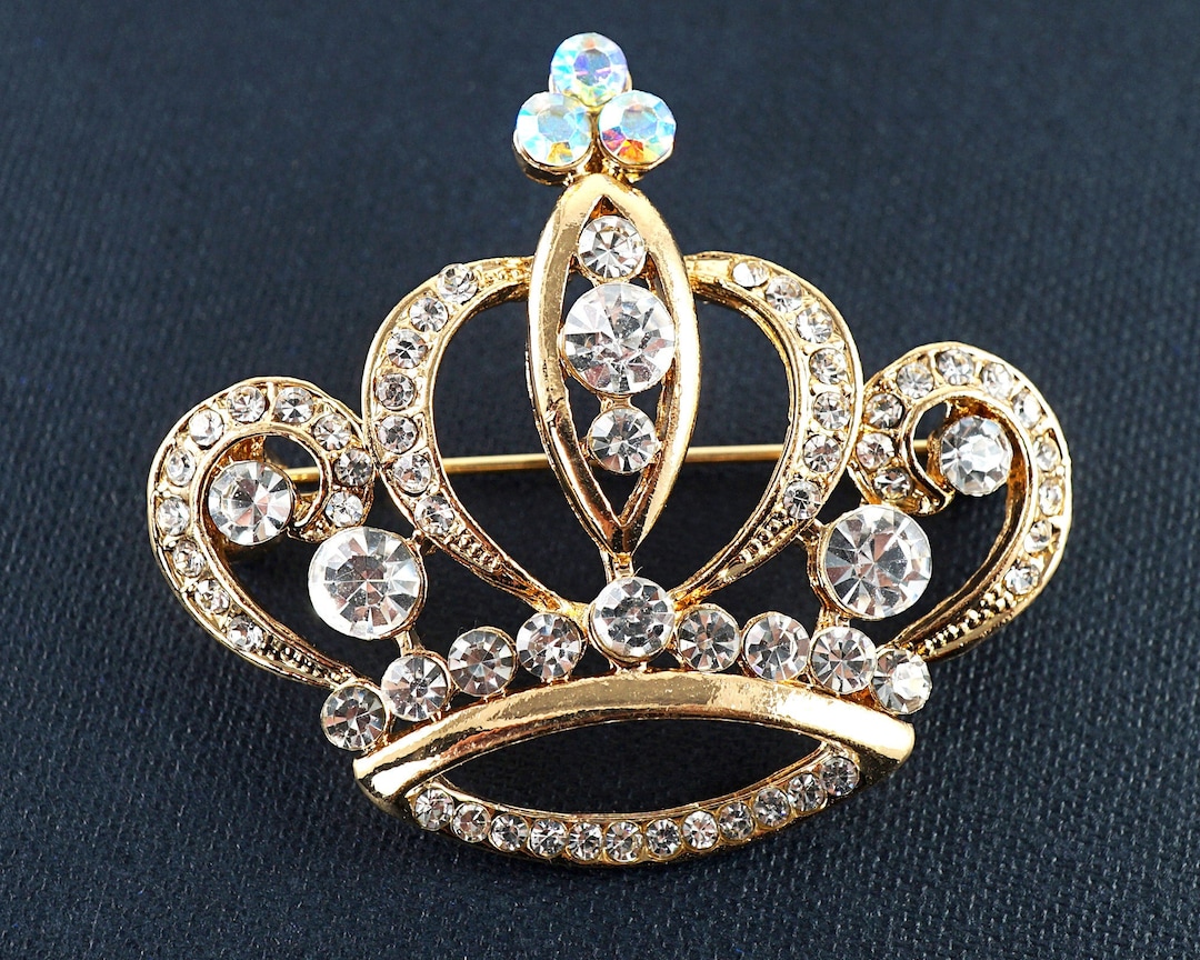 ON VACATION Gold Royal Crown Brooch, Crystal Rhinestone Princess Tiara ...