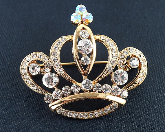 ON VACATION Gold Royal Crown Brooch, Crystal Rhin… - image 1
