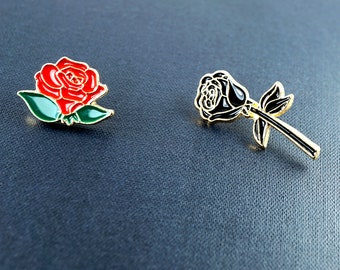 ON VACATION Minimal Flower Brooch, Small Black or Red Rose Pin, Antique Vintage Brooch, Enamel Flower Botanical Tie Tack Pin