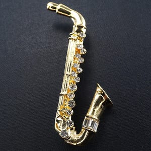 Exquisite Saxophone Brooch, Golden Music Pin, Tiny Rhinestones, Jazz Musician Gift, Vintage Jewelry