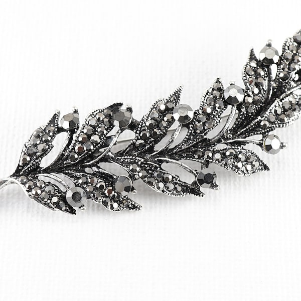 ON VACATION Vintage Black Feather Brooch, Antique Dark Silver Feather Pin, Tiny Pave Rhinestone Brooch, Large Brooch